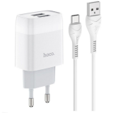 Сетевое зарядное устройство 1 USB HOCO, C22A, 2400mA, пластик, кабель 8 pin, цвет: белый (1/41/246)
