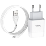 Сетевое зарядное устройство 1 USB HOCO, C72A, Glorious, 2100mA, пластик, кабель 8 pin, цвет: белый (