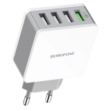 Сетевое зарядное устройство 4 USB Borofone, BA43A, Bountiful, пластик, QC3.0, цвет: белый (1/48/192)